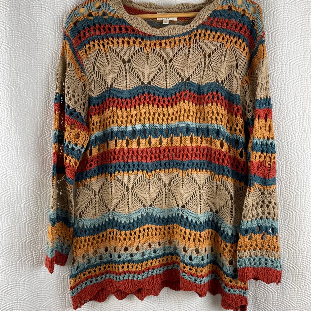 Umgee Womens Boho Open Knit Sweater Scalloped Hem Multi Color Small A6683